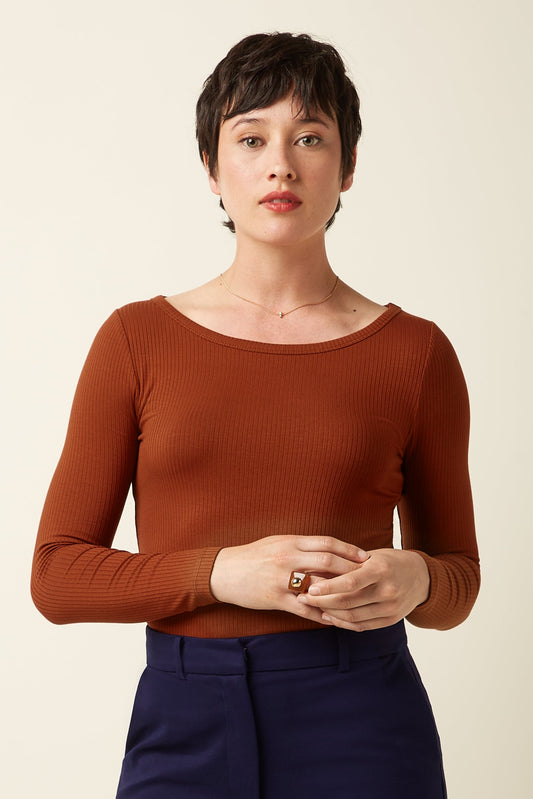 King Louie Lili Tee Uni Rib Oberteil Spicy Brown